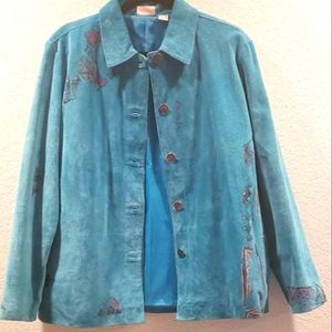 Chico's Teal Leather Jacket With Geometric Design Size 1